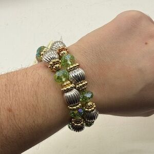 NET Esmor Bangle Bracelet Elegant Gold Silver Tone Beaded Elastic Stretch Green